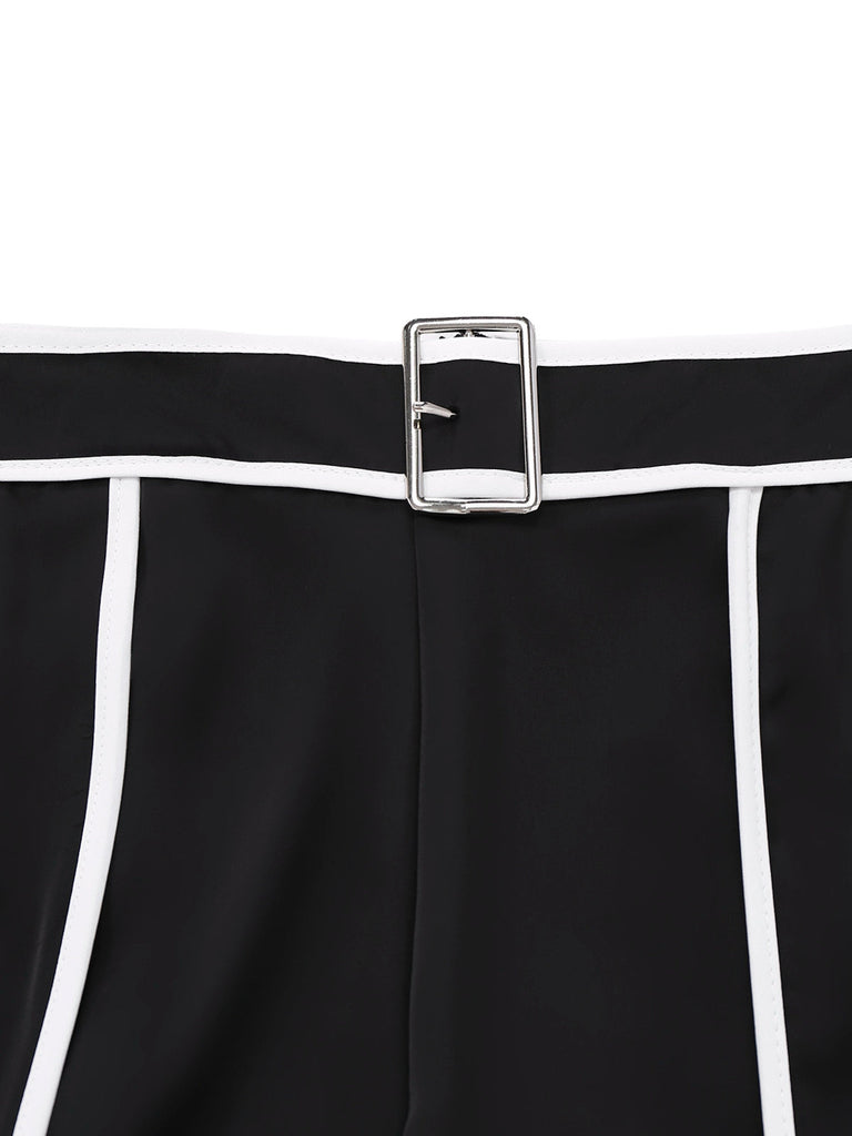 2PCS Schwarz 1930er Stehkragen Stricken Top & Weites Bein Hose