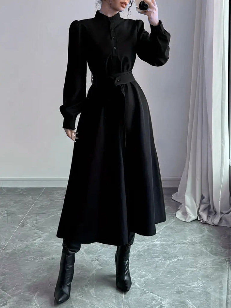 Schwarz 1970er Solide Taste Gürtel Kleid