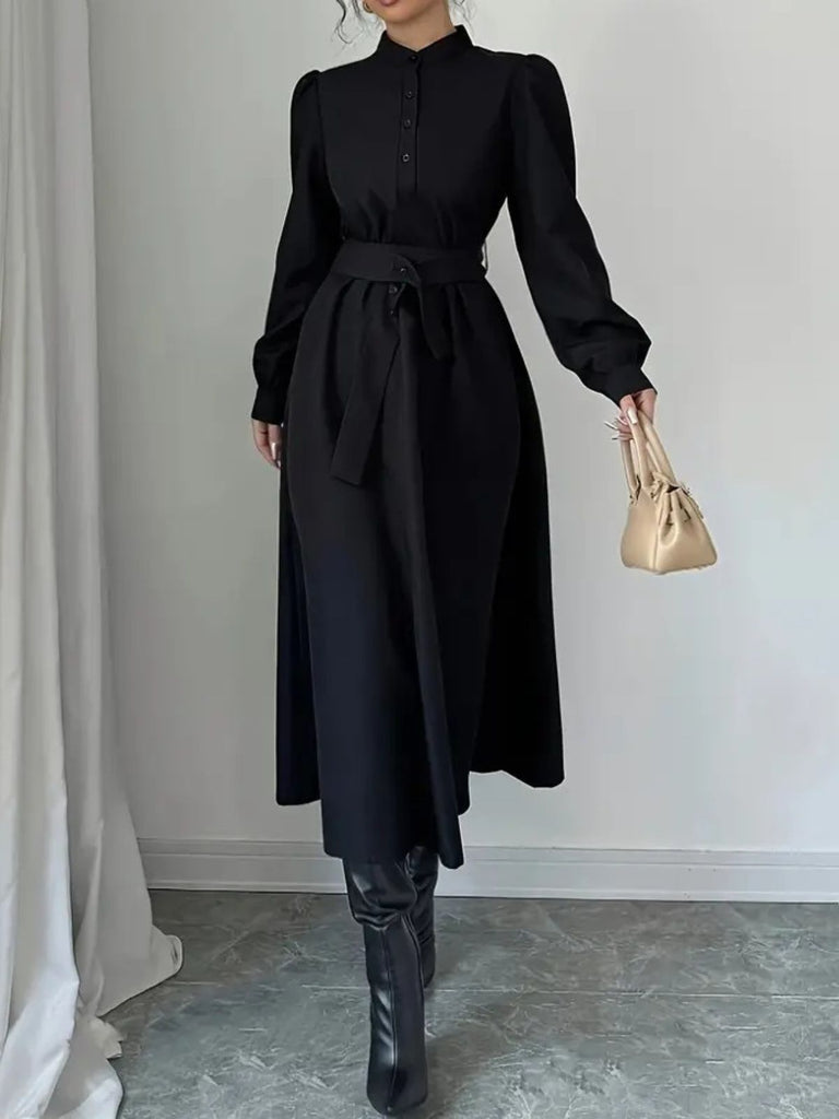 Schwarz 1970er Solide Taste Gürtel Kleid