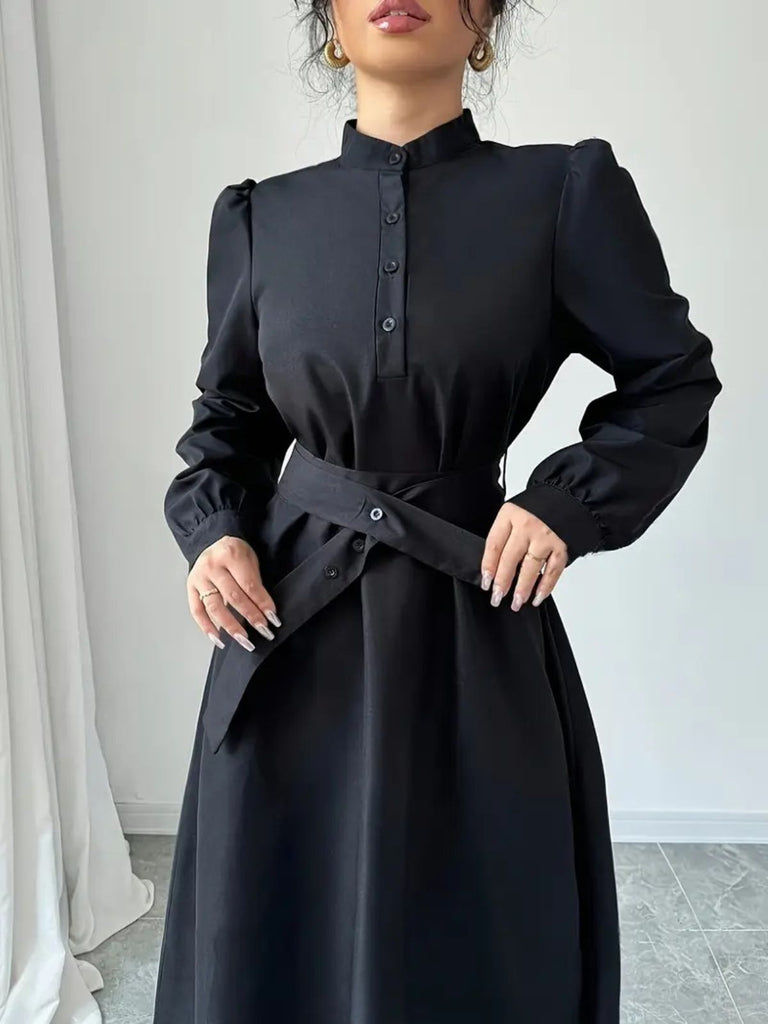 Schwarz 1970er Solide Taste Gürtel Kleid