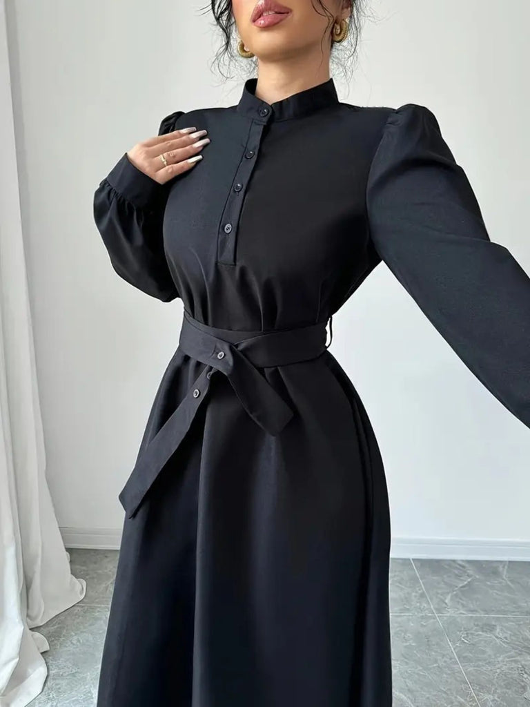 Schwarz 1970er Solide Taste Gürtel Kleid