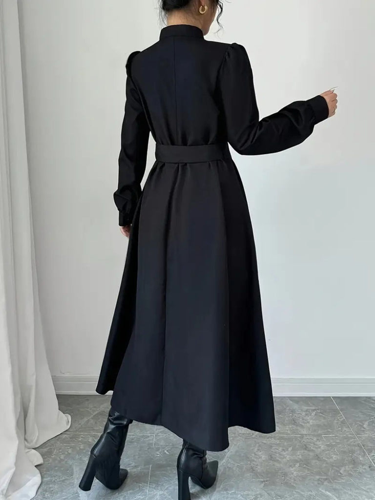 Schwarz 1970er Solide Taste Gürtel Kleid