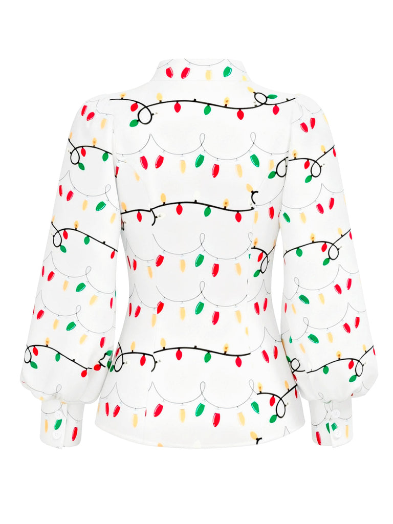 Weiß 1950er Krawattenhals Weihnachtsbeleuchtung Bluse