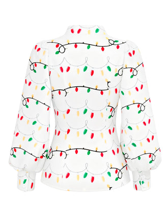 Weiß 1950er Krawattenhals Weihnachtsbeleuchtung Bluse