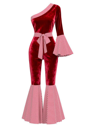 Rot 1970er Samt Candy Streifen Glockenärmel Jumpsuit