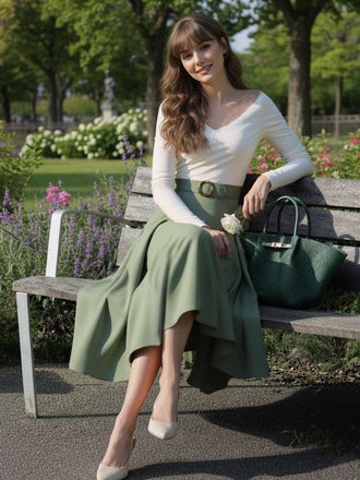 Grün 1950er Stricken Schulterfrei Plissiertes Kleid