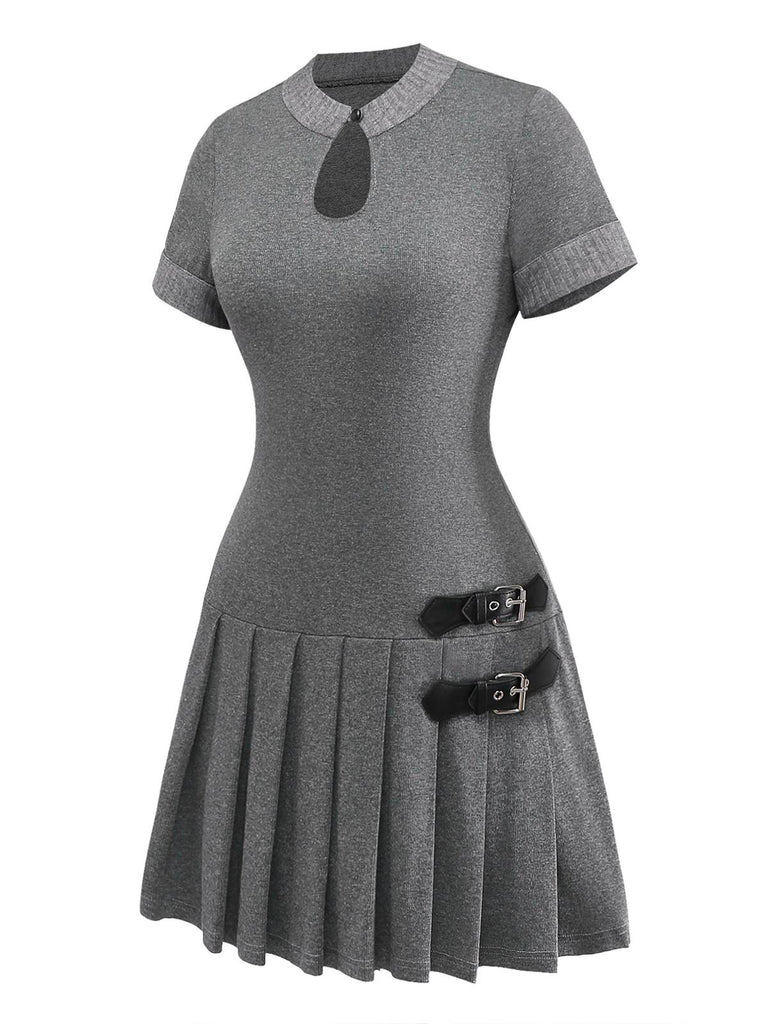 Grau 1970er Stricken Leder Schnalle Plissiertes Kleid