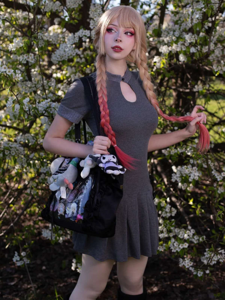 Grau 1970er Stricken Leder Schnalle Plissiertes Kleid