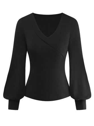 Schwarz 1950S V-Ausschnitt Laternenärmel Stricken Top