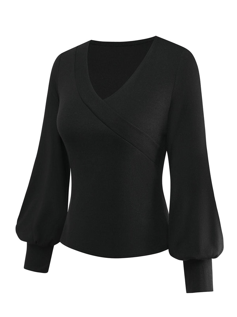 Schwarz 1950S V-Ausschnitt Laternenärmel Stricken Top