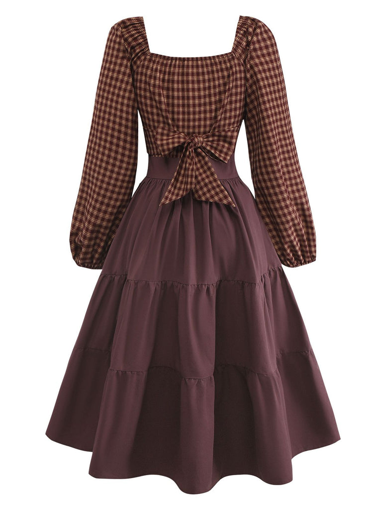 [Vorverkauf] Braun 1950er Baumwolle Vichy Schnürung Rückenfrei Gestuft Kleid