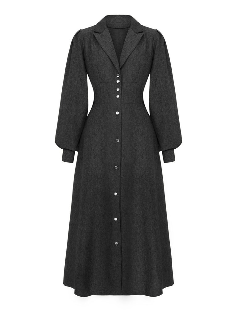[Vorverkauf] 1940er Gekerbt Kragen Laternenärmel Taste Kleid