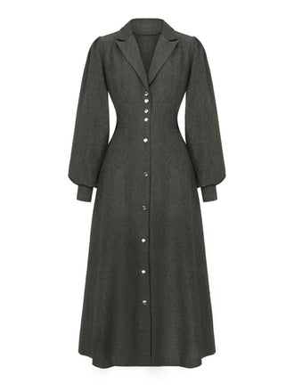 [Vorverkauf] 1940er Gekerbt Kragen Laternenärmel Taste Kleid