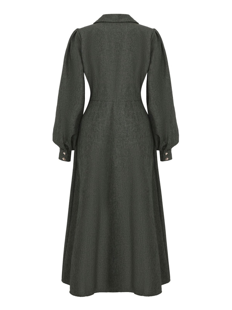 [Vorverkauf] 1940er Gekerbt Kragen Laternenärmel Taste Kleid