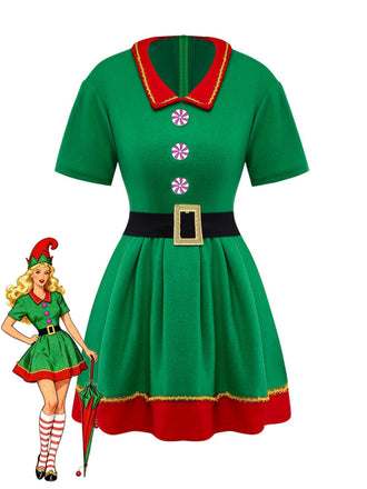 Grün 1960er Weihnachten Elf Cosplay Kostüm Kleid Set
