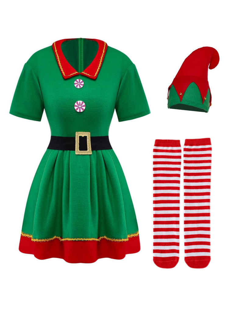 Grün 1960er Weihnachten Elf Cosplay Kostüm Kleid Set