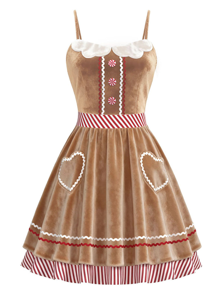 Braun 1960er Lebkuchen Herz Streifen Samt Träger Kleid