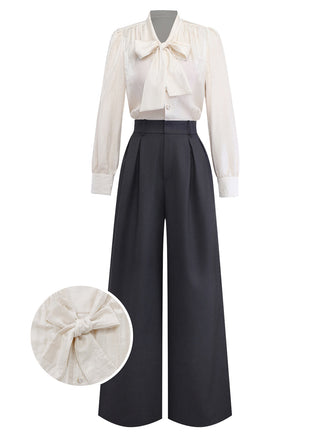 Beige 1950er Perlen Besetzt Bogen Bindhals Jumpsuit