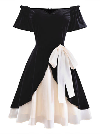 [Vorverkauf] Schwarz 1950er Samt Satin Schulterfrei Bogen Kleid