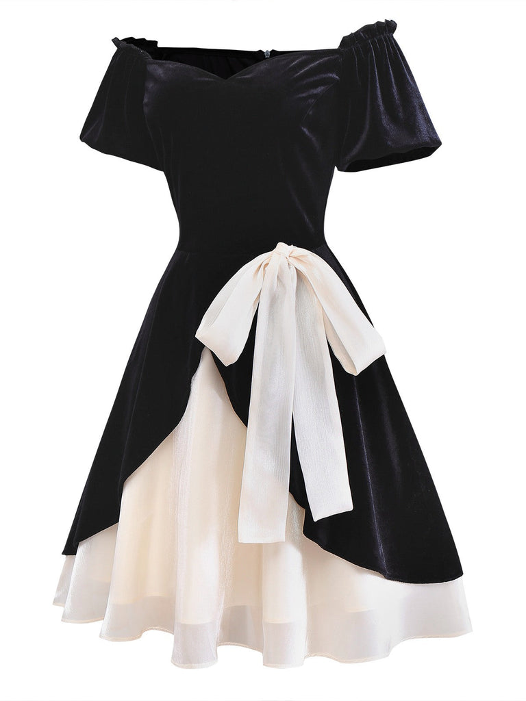 [Vorverkauf] Schwarz 1950er Samt Satin Schulterfrei Bogen Kleid