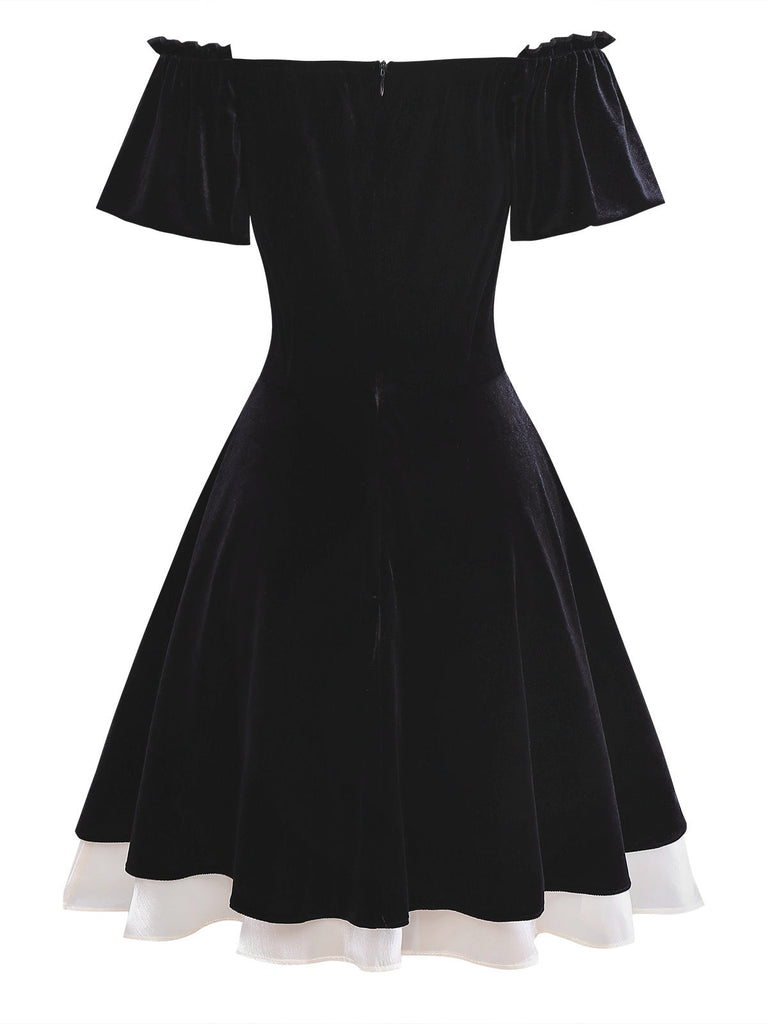 [Vorverkauf] Schwarz 1950er Samt Satin Schulterfrei Bogen Kleid