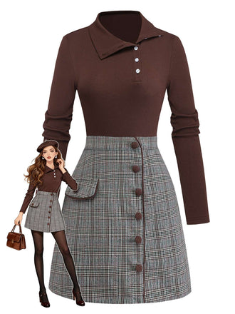 Braun 1970er Stricken Kariert Asymmetrisch Hals Kleid