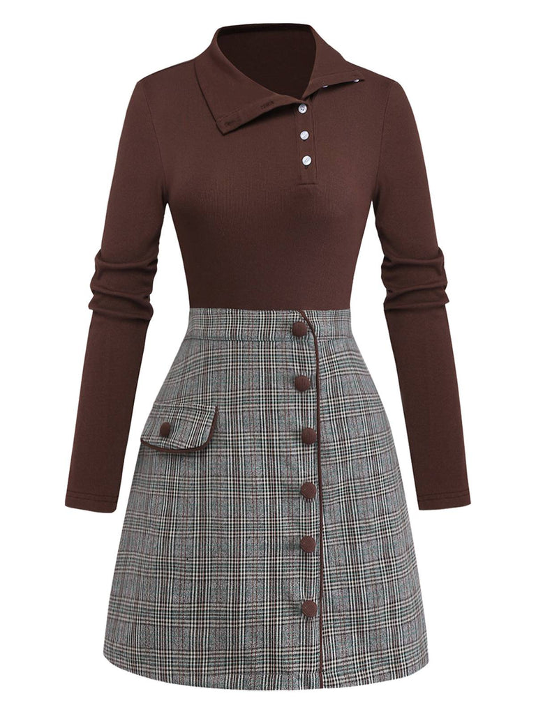 Braun 1970er Stricken Kariert Asymmetrisch Hals Kleid