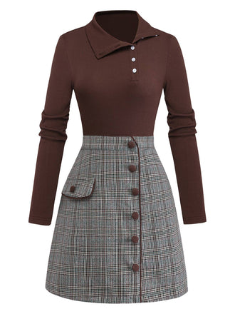 Braun 1970er Stricken Kariert Asymmetrisch Hals Kleid