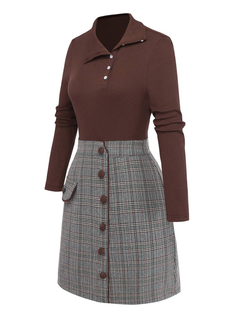 Braun 1970er Stricken Kariert Asymmetrisch Hals Kleid