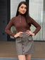 Braun 1970er Stricken Kariert Asymmetrisch Hals Kleid
