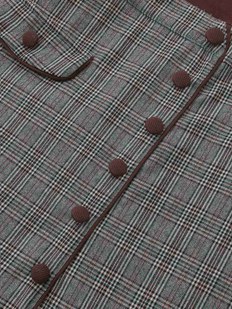 Braun 1970er Stricken Kariert Asymmetrisch Hals Kleid