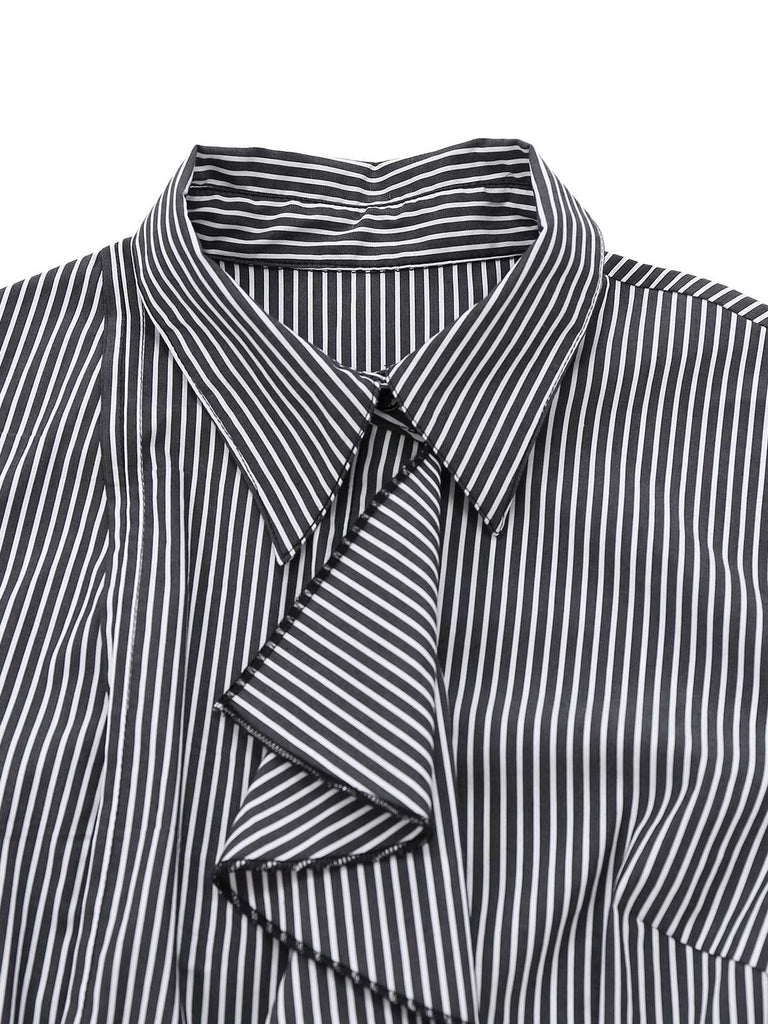 [Vorverkauf] Schwarz 1940er Rüschen Revers Vertikal Streifen Bluse