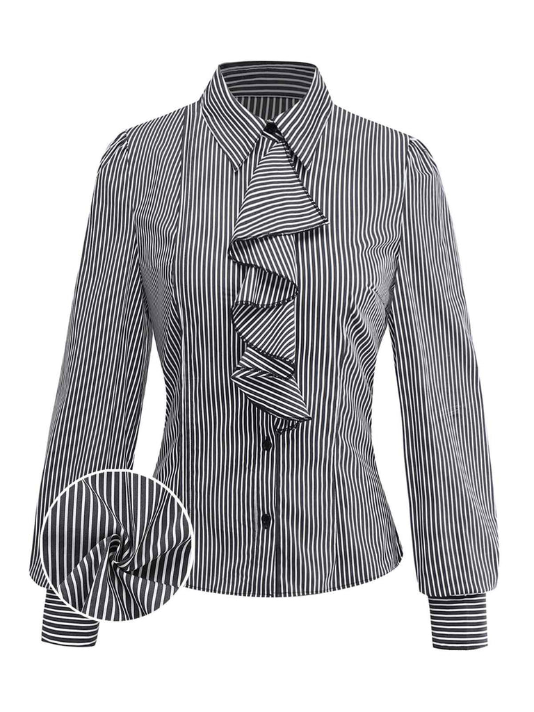 [Vorverkauf] Schwarz 1940er Rüschen Revers Vertikal Streifen Bluse