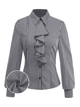 [Vorverkauf] Schwarz 1940er Rüschen Revers Vertikal Streifen Bluse