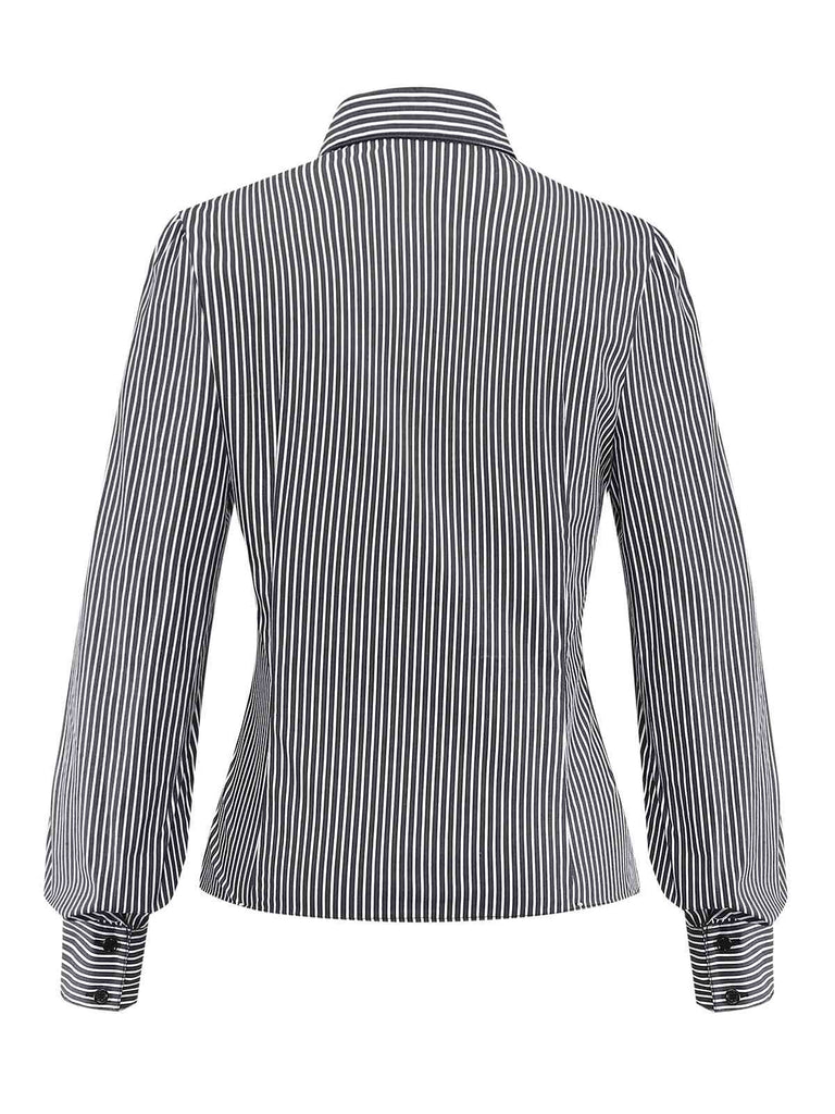 [Vorverkauf] Schwarz 1940er Rüschen Revers Vertikal Streifen Bluse