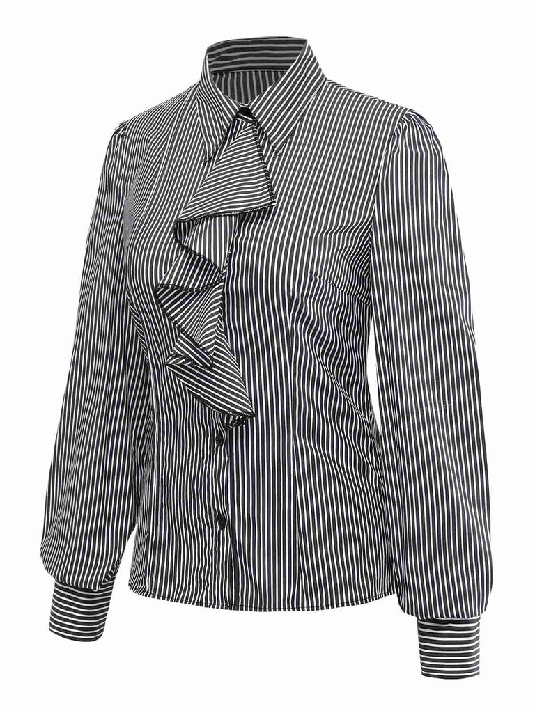 [Vorverkauf] Schwarz 1940er Rüschen Revers Vertikal Streifen Bluse