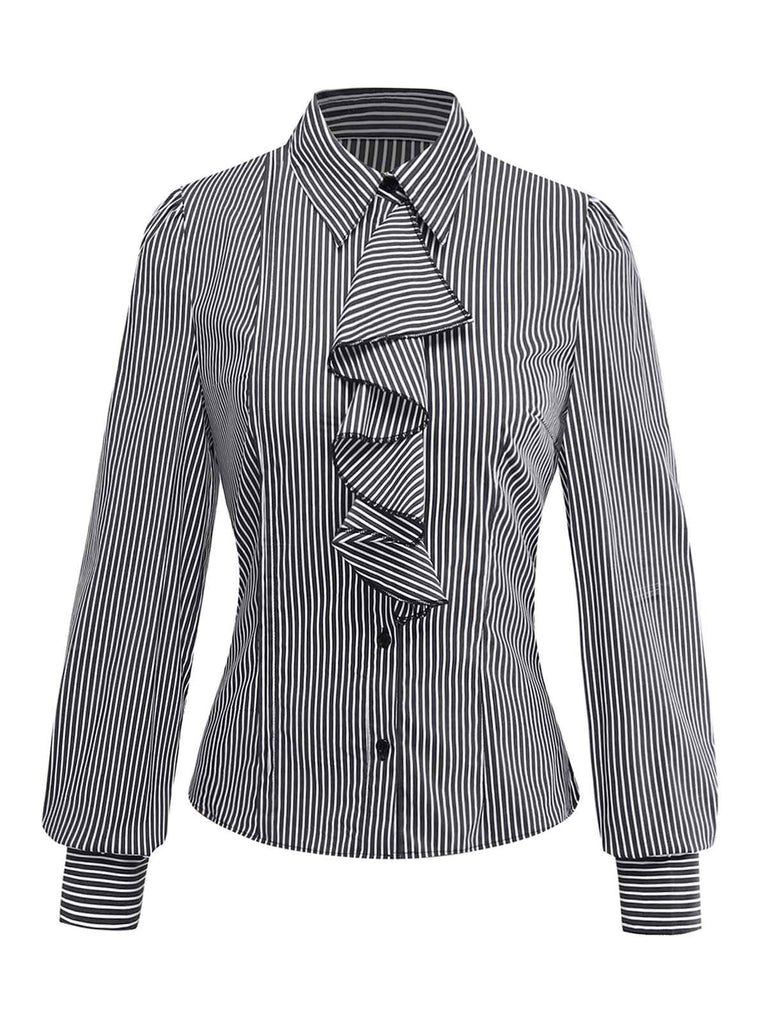 [Vorverkauf] Schwarz 1940er Rüschen Revers Vertikal Streifen Bluse
