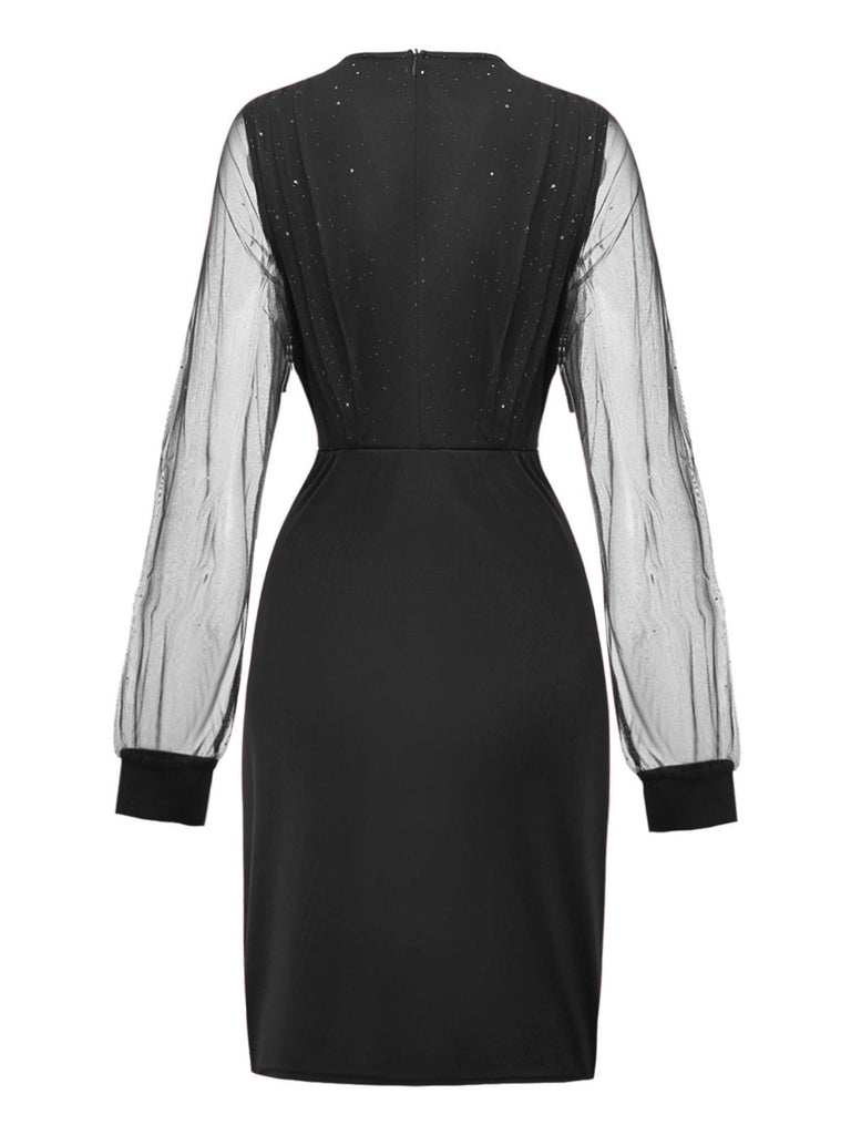 Rot 1960er Solide Glitzer V-Ausschnitt Netz Körperbetont Kleid