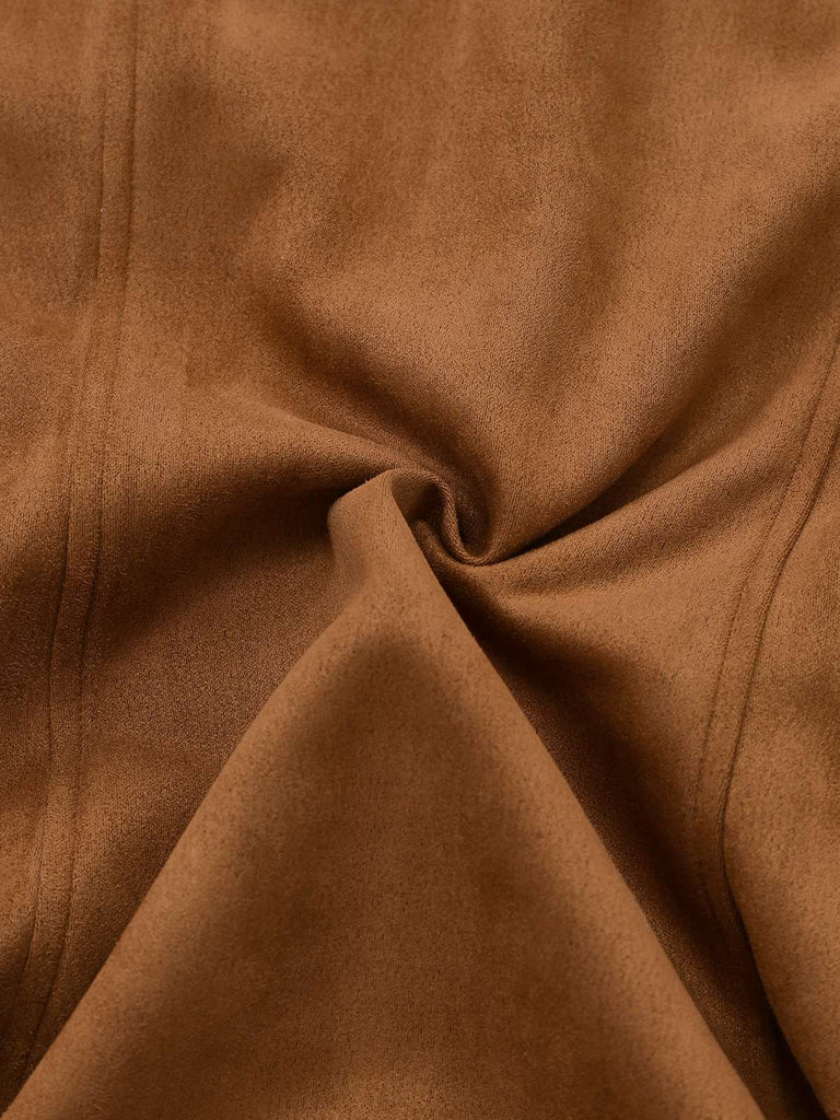 Braun 1970er Revers Blumen Besticktes Kunstwildleder Kleid