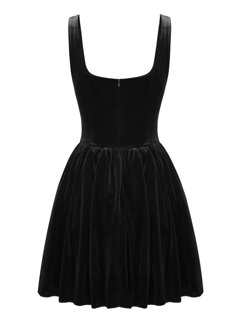 1970er Solide Quadratischer Hals Samt Mini Kleid