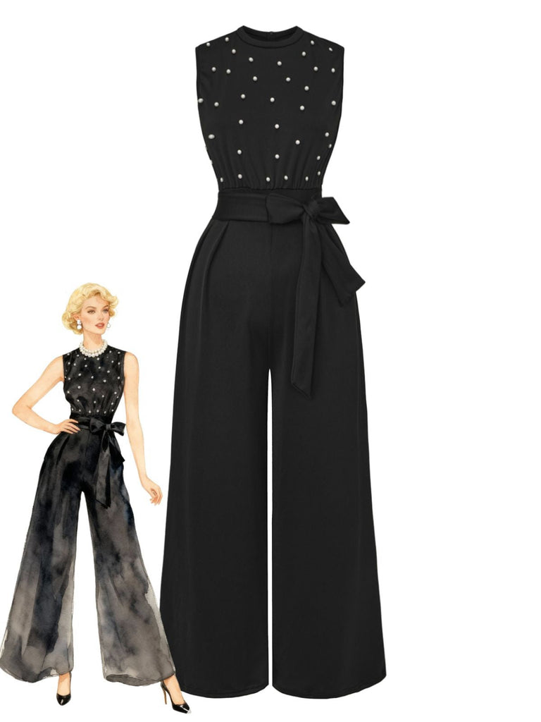 Schwarz 1950er Perlen Perlenbesatz Bogen Gürtel Jumpsuit