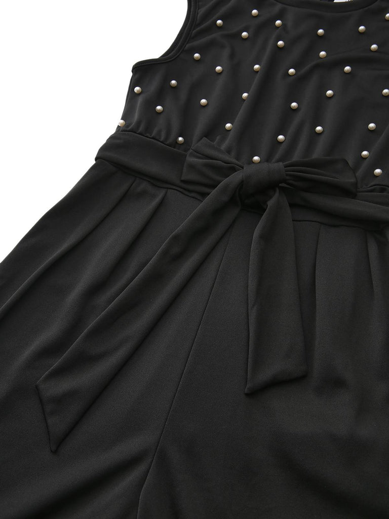 Schwarz 1950er Perlen Perlenbesatz Bogen Gürtel Jumpsuit
