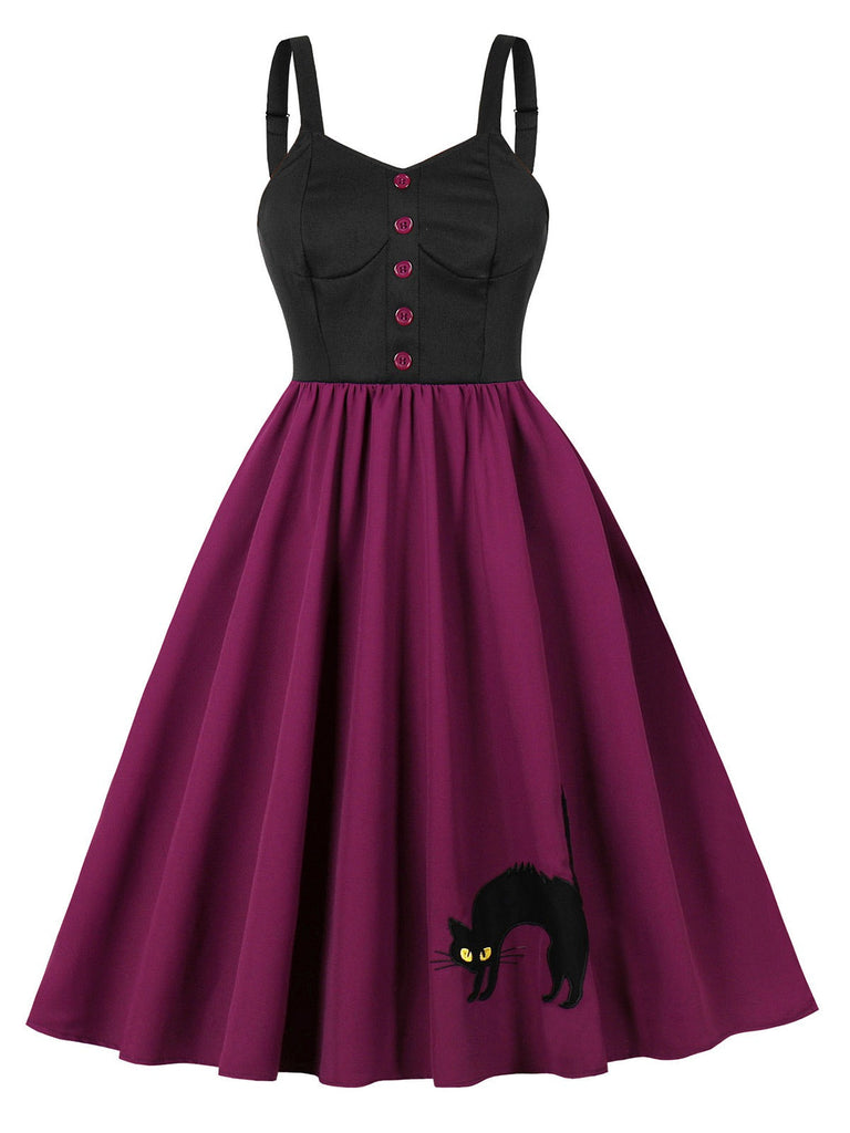 Purpurrot 1950er Katze Breite Träger Swing Kleid