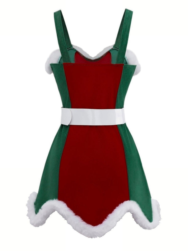 Rot & Grün 1960er Weihnachten Plüsch Trim Kleid Set