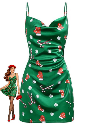 Grün 1960er Weihnachten Wasserfallausschnitt Slip Kleid