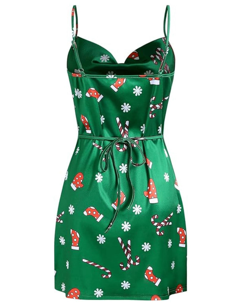Grün 1960er Weihnachten Wasserfallausschnitt Slip Kleid