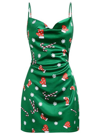 Grün 1960er Weihnachten Wasserfallausschnitt Slip Kleid