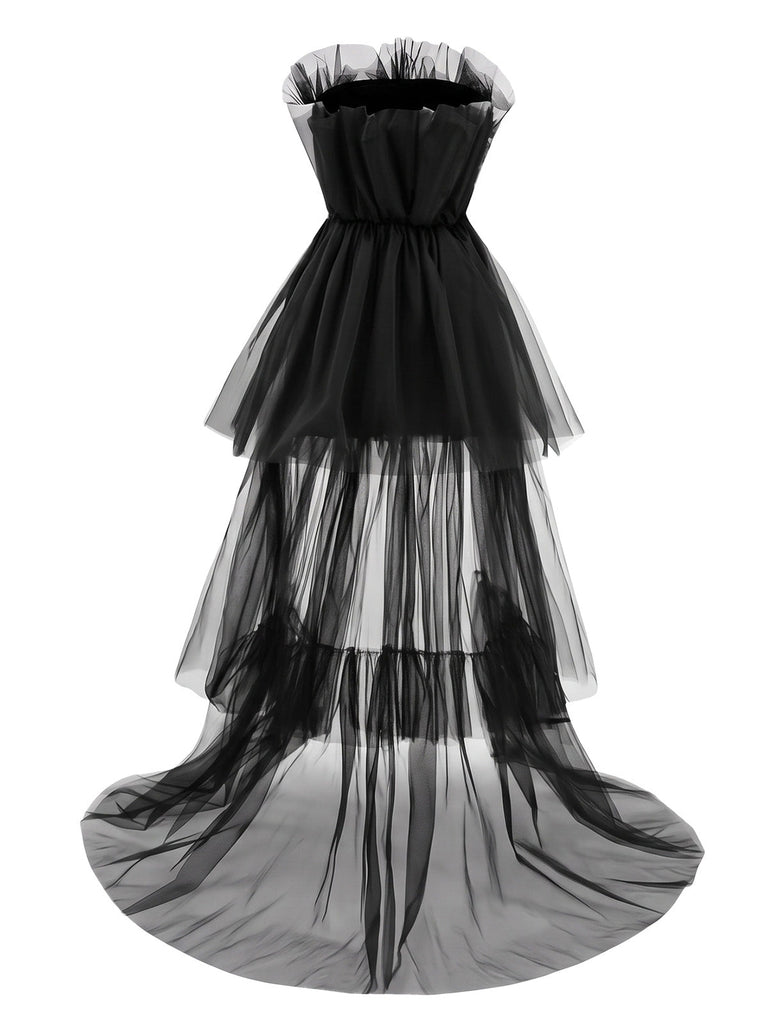 Schwarzes trägerloses 80er Meshkleid in Schleifenoptik mit Vokuhila-Saum