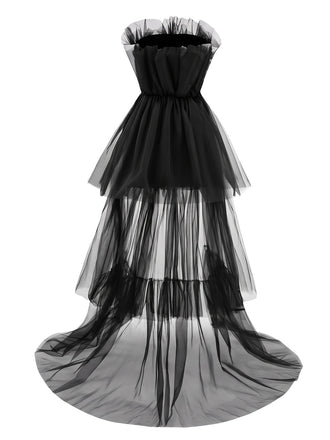 Schwarzes trägerloses 80er Meshkleid in Schleifenoptik mit Vokuhila-Saum