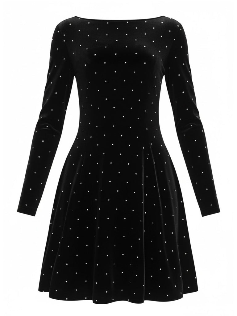 Dunkelgrün 1980er Samt Strassstein Tailliert Party Kleid